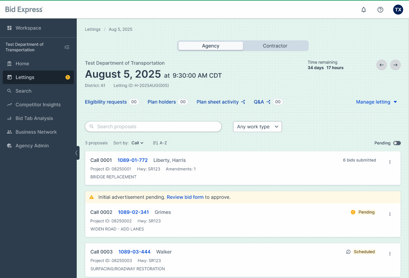 Screenshot of a Bidx.com individual letting page with Pending and Scheduled icons and banner