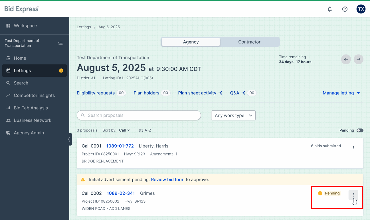 Screenshot of a Bidx.com letting page with the action menu highlighted