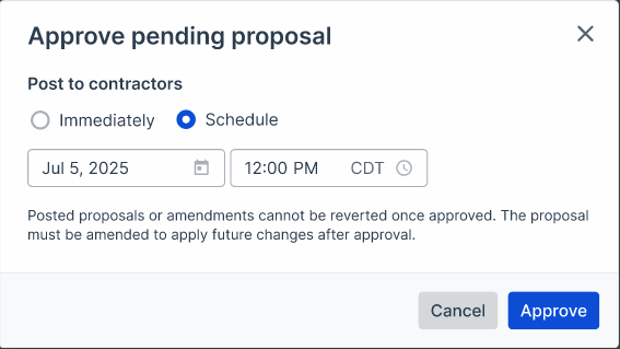 Screenshot of a Bidx.com Approve pending proposal window