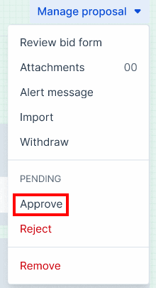 Screenshot of a Bidx.com Manage Proposal action menu