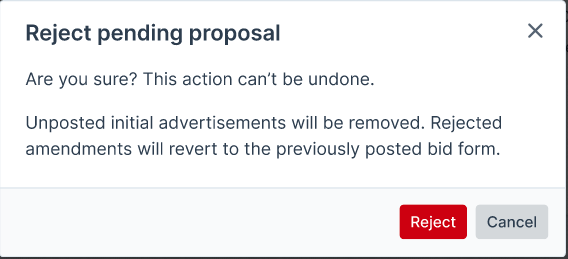 Screenshot of a Bidx.com Reject pending proposal window