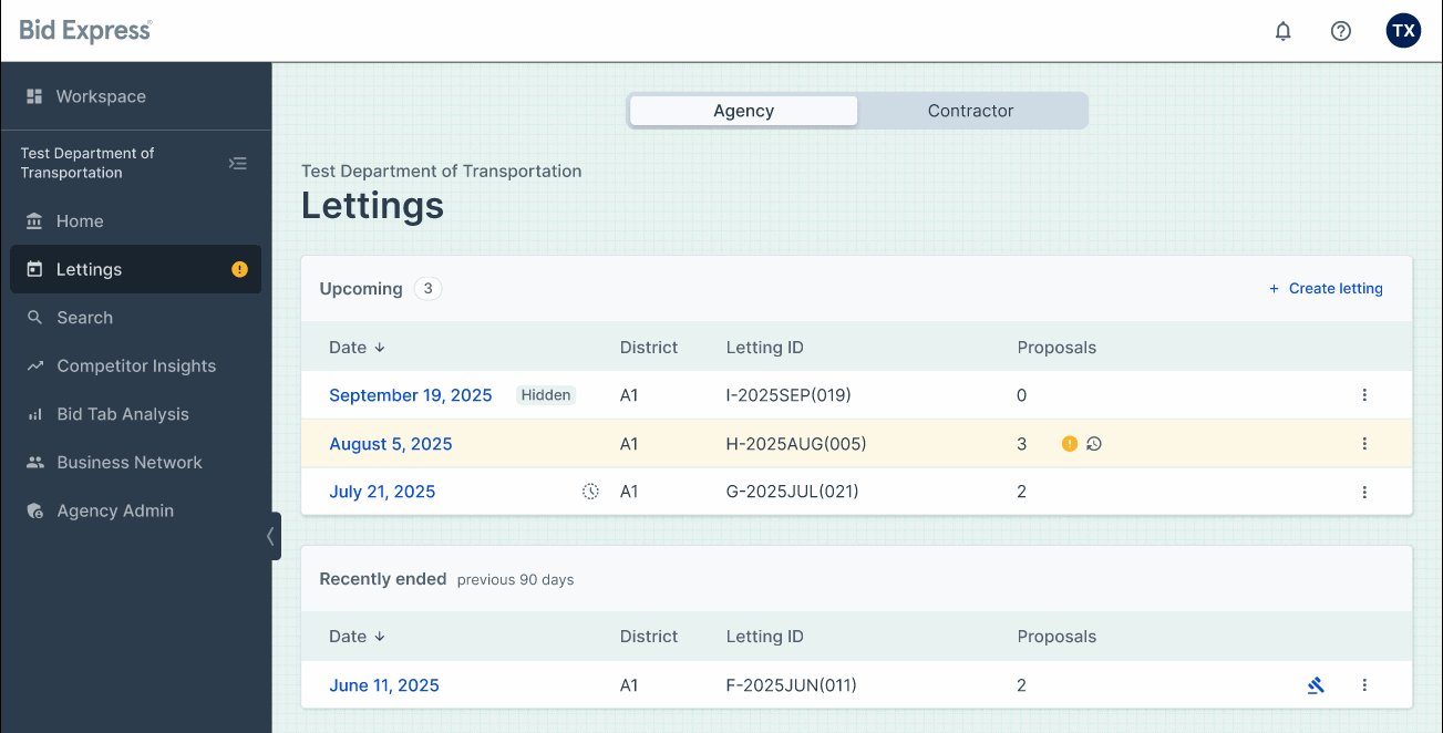 Screenshot of a Bidx.com Lettings page with a pending/scheduled proposal highlighted