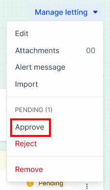 Screenshot of a Bidx.com Manage Letting drop-down menu with the Approve option highlighted
