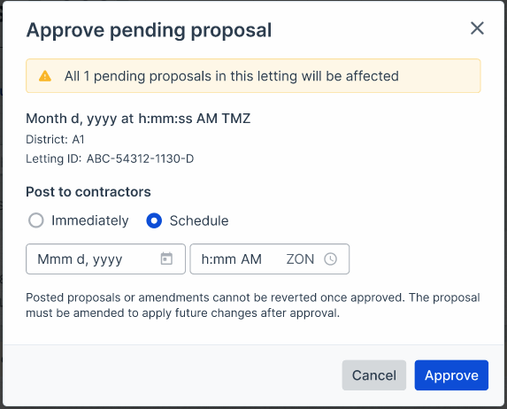 Screenshot of a Bidx.com Approve pending proposal window with pending proposal count banner