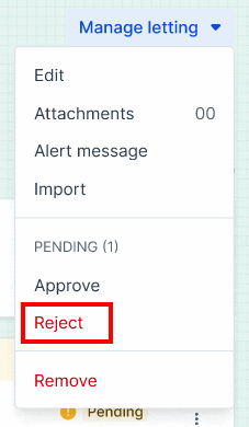 Screenshot of a Bidx.com Manage Letting drop-down menu with the Reject option highlighted