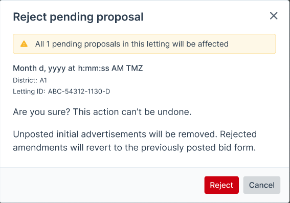 Screenshot of a Bidx.com Reject pending proposal window with pending proposal count banner